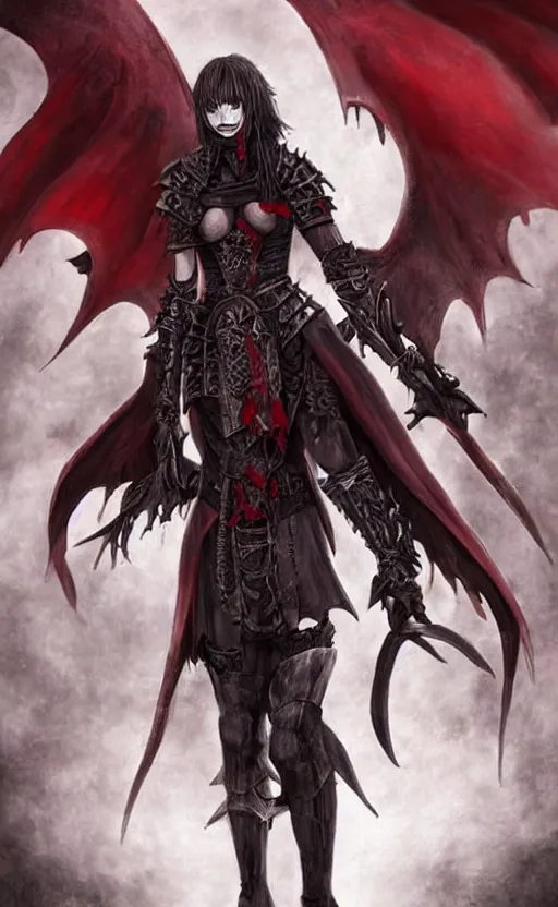 Image similar to dnd art, female vampire knight, barefoot, black full plate armor, historical armor, realistic armor, muscular, full body, monstrous mask, giant two - handed sword dripping blood, red wings, grinning, no boots, black nail polish, realistic, pathfinder, flying.