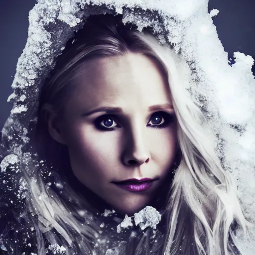 Prompt: Kristen Bell as a snow goddess covered in snow, grungy, unkept hair, glowing eyes, winter, modelsociety, radiant skin, huge anime eyes, RTX on, bright on black, dramatic, studio lighting, perfect face, intricate, Sony a7R IV, symmetric balance, polarizing filter, Photolab, Lightroom, 4K, Dolby Vision, Photography Award