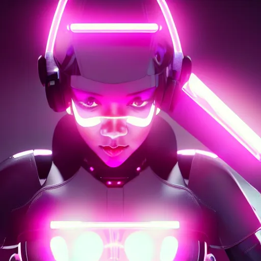 Image similar to cinematic, photography, a beautiful rihanna cyborg, perfect bionic body, pink chrome armor, neon holographic ui data displays, pink space gun, hajime sorayama, masamune shirow, octane rendered, 4 k, lens flare,