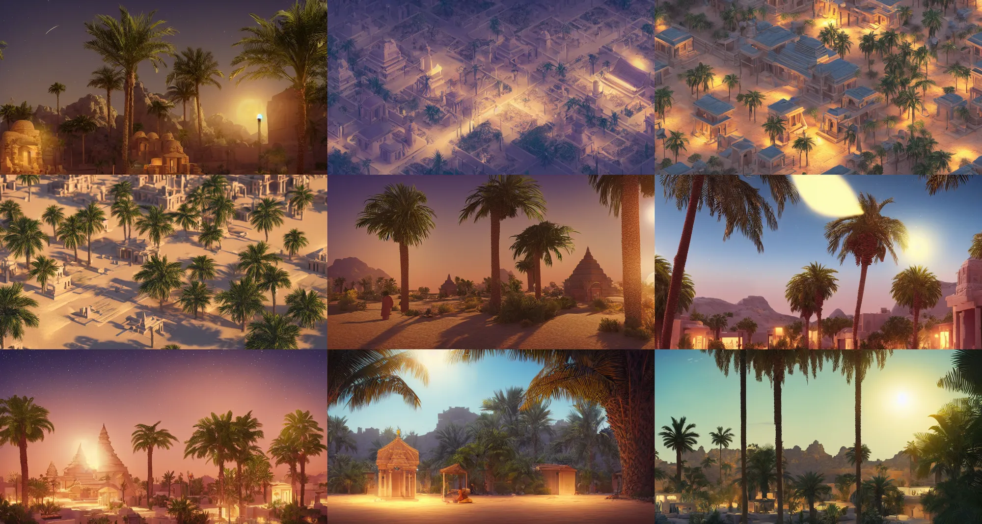 Prompt: Desert City, Small houses, large temples, a small oasis, a small palm trees; night; Artstation, Pixiv digital painting, long lens, shallow depth of field, bokeh, anamorphic lens flare, 8k, hyper detailed