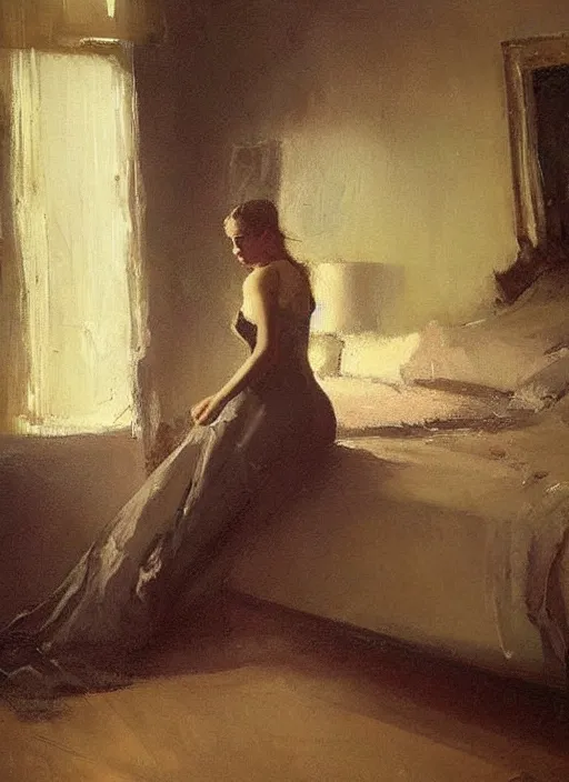 Image similar to beautiful portrait painting of an elegant victorian woman posing in an artistic pose over a bed, by jeremy mann, only one head single portrait