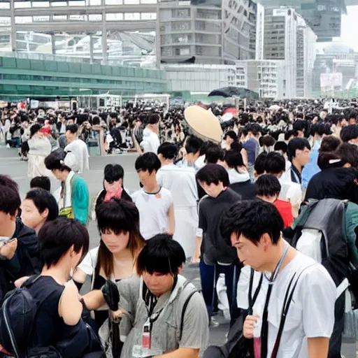 Prompt: Comiket is held during a typhoon, realistic, detailed, dramatic