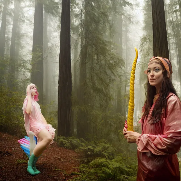 Prompt: a color photograph, closeup portrait of a woman wrapped in plastic, holding a unicorn horn, in a foggy redwood forest, color photograph, by vincent desiderio, canon eos c 3 0 0, ƒ 1. 8, 3 5 mm, 8 k, medium - format print