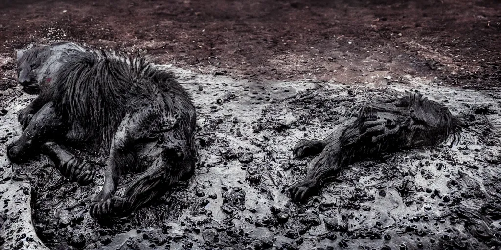 Prompt: a black ferrofluid lioness made of ferrofluid bathing inside the tar pit, full of tar, covered with ferrofluid. dslr, photography, realism, animal photography, color, savanna, wildlife photography