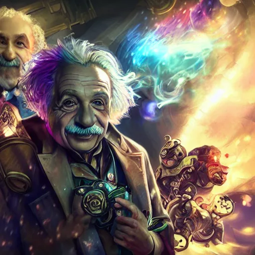 Image similar to portrait of albert einstein as willy wonka, league of legends amazing splashscreen artwork, gears of war, splash art, natural light, elegant, photorealistic facial features, intricate, fantasy, detailed face, atmospheric lighting, anamorphic lens flare, cinematic lighting, league of legends splash art, hd wallpaper, ultra high details by greg rutkowski