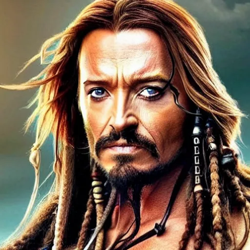 Prompt: A still of Hugh Jackman as Jack Sparrow. Extremely detailed. Beautiful. 4K. Award winning.
