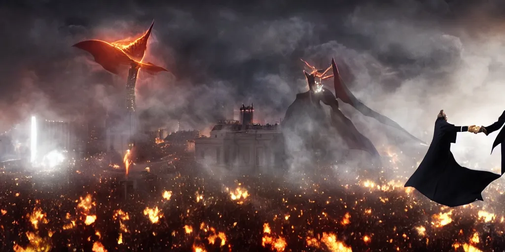 Prompt: a professional cinematic photo of donald trump fighting sauron on top of white house. extremely high fidelity. key light.