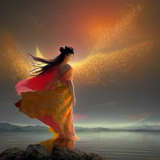 Image similar to beautiful geisha flying over a lake filed with molten gold, volume lighting, concept art, by greg rutkowski, dramatic, xray melting colors!!