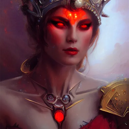 Prompt: attractive female robot demon queen with crown and red eyes, painting by gaston bussiere and luis rollo, close - up portrait, digital painting, highly detailed, artstation, sharp focus, illustration, concept art, hd