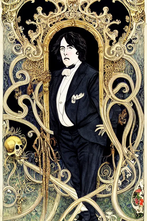 Prompt: realistic portrait of oscar wilde in the center of an ornate rococo frame with skulls, detailed art by kay nielsen and walter crane, illustration style, watercolor