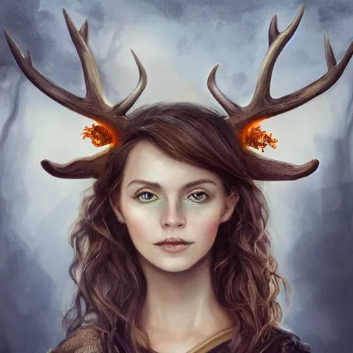 Prompt: A beautiful digital painting of freya allen, antlers made from wood on her head and brown curly hair with orange oak leaves, forest in the background, D&D, fantasy, intricate, beautiful green eyes, cinematic lighting, highly detailed, digital painting, Artstation, concept art, smooth, sharp focus, illustration, art by Artgerm and Greg Rutkowski and Alphonse Mucha