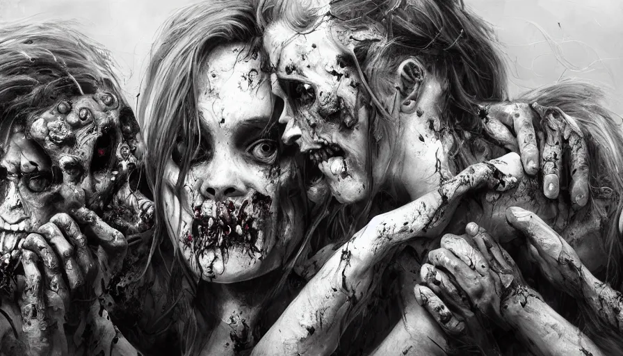 Image similar to zombies, thumbnail black and white, cgsociety, oil painting by jama jurabaev, extremely detailed, brush hard, artstation, high quality, brush stroke