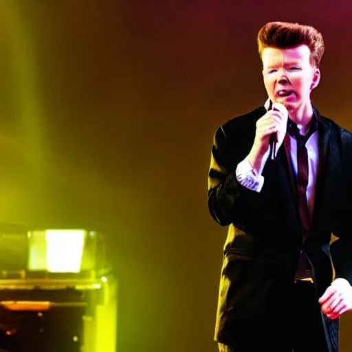 Prompt: young Rick Astley performing Never Gonna Give You Up, singing into a microphone while dancing, black suit, striped shirt, light background, full color photograph, 4k