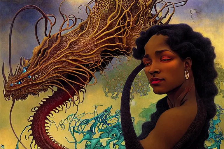 Image similar to realistic extremely detailed closeup portrait painting of a beautiful black woman, mutant dragon and a single old house on background by Jean Delville, Amano, Yves Tanguy, Alphonse Mucha, Ernst Haeckel, Edward Robert Hughes, Roger Dean, rich moody colours