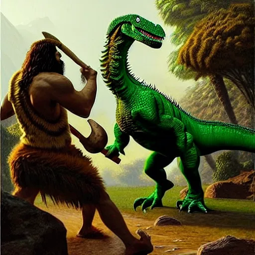 Prompt: A green scaly dinosaur!!! fighting with several realistic detailed cavemen with proportioned bodies, the cavemen are armed with spears, the caveman are in a fighting stance, the cavemen are wearing animal furs, coarse canvas, visible brushstrokes, intricate, extremely detailed painting by Greg Rutkowski