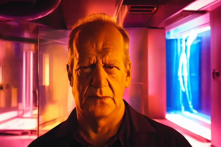 Prompt: an ultra realistic colour cinematic headshot portrait of an evil scientist, stood inside a futuristic lab, neon, colour, detailed, deep focus, movie still, dramatic lighting, ray tracing, by werner herzog