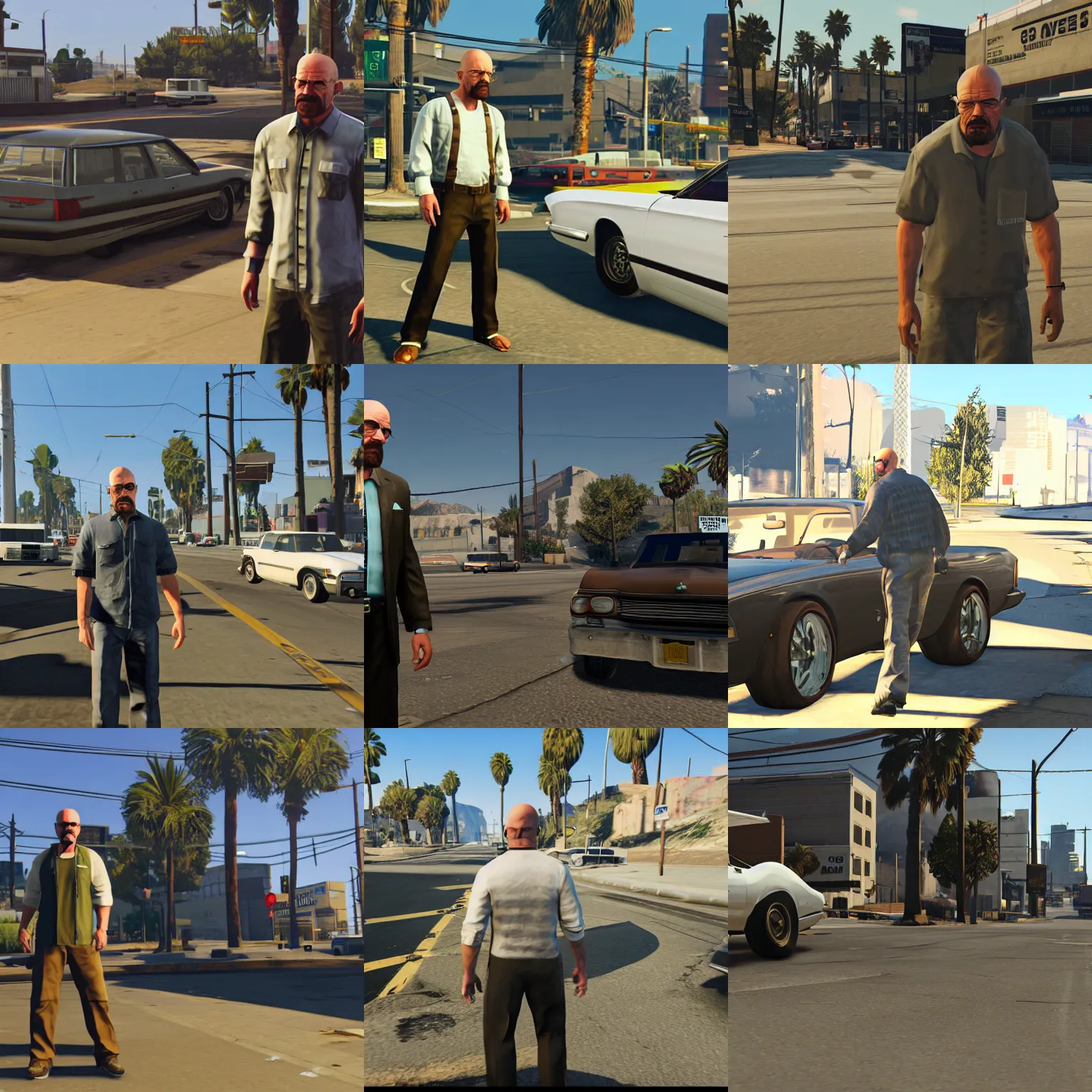 Prompt: walter white completing a gta 5 mission, downtown san andreas, unreal engine 5 detail, by gta 5