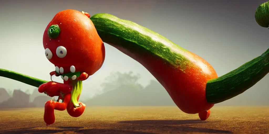 Image similar to detailed 3 d render of a bad zucchini character with arms and legs and a long sword!! chasing after a tomato character, hyper realistic octane render, cinematic lighting, deviantart, frame from independent movie