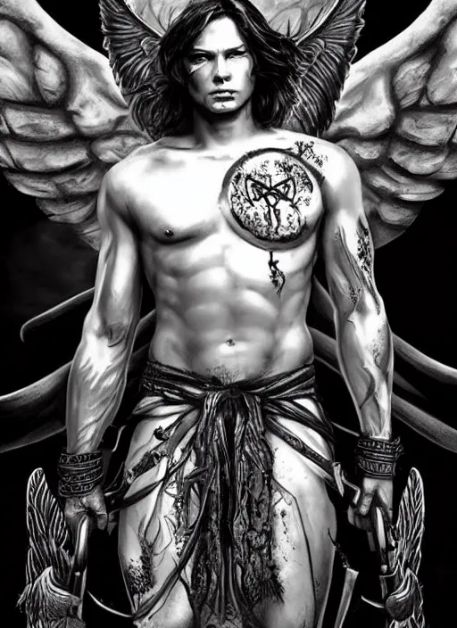 Prompt: throne of glass style, front portrait of attractive sam winchester as a muscular warrior angel with demon wings wide open, teared apart t - shirt whole body tattooed with runes and satanic symbols, d & d!, fantasy style, sharp focus!, ultra detailed, art by artgerm and peter andrew jones, wlup