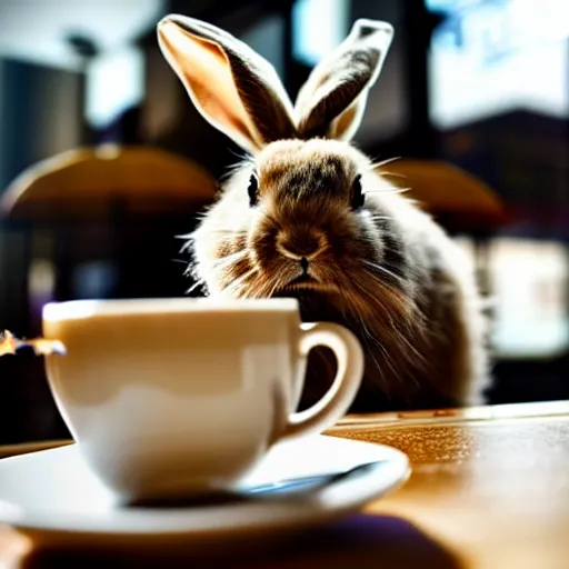 Prompt: hyperrealistic detailed medium shot low angle image, deep depth of field of fluffy brown rabbit sitting behind the table smoking cigarette with face full of tiredness, in front of it cup of coffee with milk in hipsters coffee shop. volumetric lights. 8 k, 3 d render by roger magrini, very cohesive, masterpiece