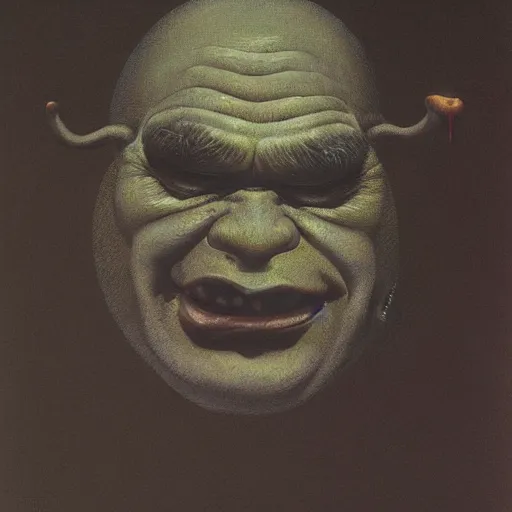 Prompt: a painting of shrek by Zdzisław Beksiński