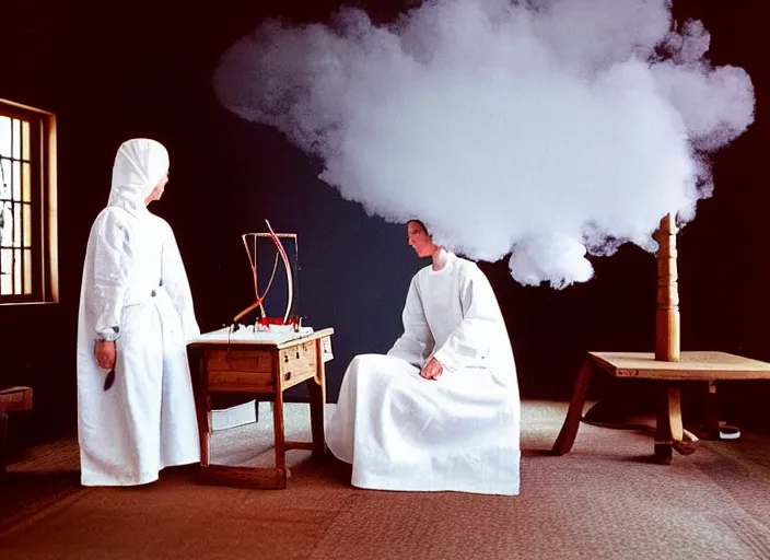 Image similar to realistic photo two medieval female scientists wearing white cotton doing an experiment with a cloud and rainbow, living room interior is made of wood 1 9 9 0, life magazine reportage photo