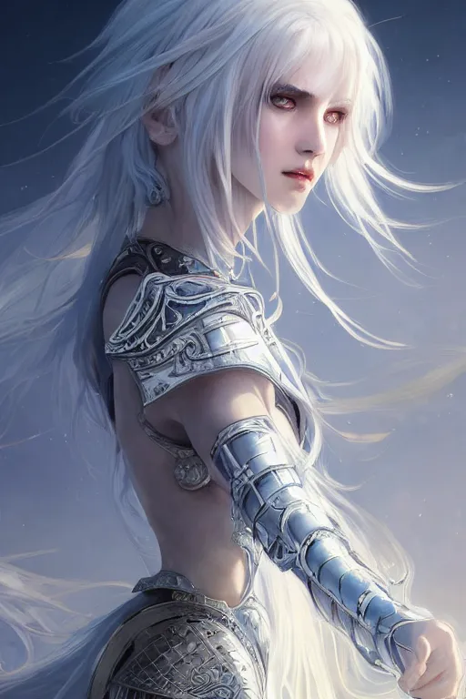 Image similar to portrait white hair knights of zodiac girl, sliver ice color reflected armor, in ruined agora of athens sunrise, ssci - fi and fantasy, intricate and very very beautiful and elegant, highly detailed, digital painting, artstation, concept art, smooth and sharp focus, illustration, art by tian zi and wlop and alphonse mucha