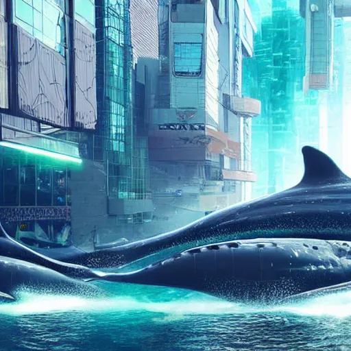 Prompt: A realistic photo of futuristic whales floating in a cyberpunk city