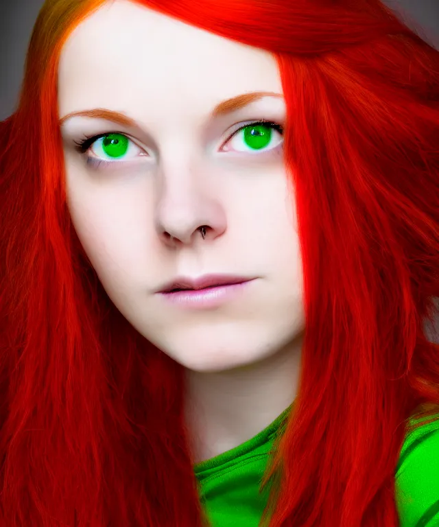 Prompt: Fae teenage girl, portrait, long red hair, green highlights