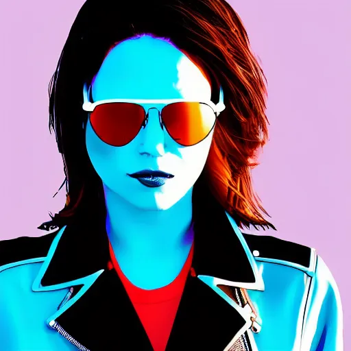 Prompt: A woman with Light blue aviators Brown hair Shaved one side haircut Mexican descent setting wearing a Leather jacket, digital art, Synthwave, retro, high quality, 4k, detailed.