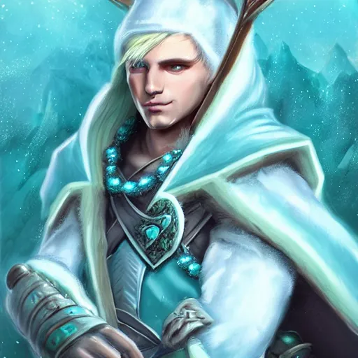 Image similar to handsome male snow elf archer portrait, turquoise cape and silver ornate armour as an archer, magical tundra background, albino skin, perfect face, very coherent symmetrical artwork, trending on artstation, award - winning