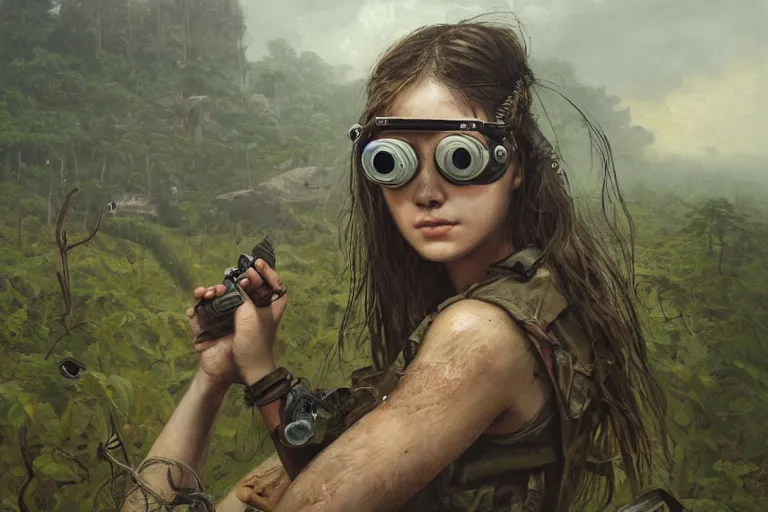 Image similar to artstation concept of a beautiful adventurous girl wearing goggles holding a machine pistol, sweaty skin, symmetrical face, high body detail, ripped up field fatigues, jungle background with ruins, vines, hyperdetailed, artstation trending, world renowned artists, worth1000.com, cgsociety, by greg rutkowski, by Gustave Doré, by Marco Turini, by Artgerm, Deviantart in the style of Tom Bagshaw, Cedric Peyravernay, Peter Mohrbacher