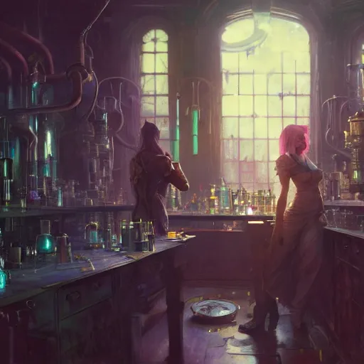 Image similar to cyberpunk alchemy laboratory full of potions, ciri from the witcher it's in the lab. by jeremy mann and alphonse mucha, photo realistic, dynamic lighting, artstation, poster, volumetric lighting, highly detailed faces, 4 k, award winning