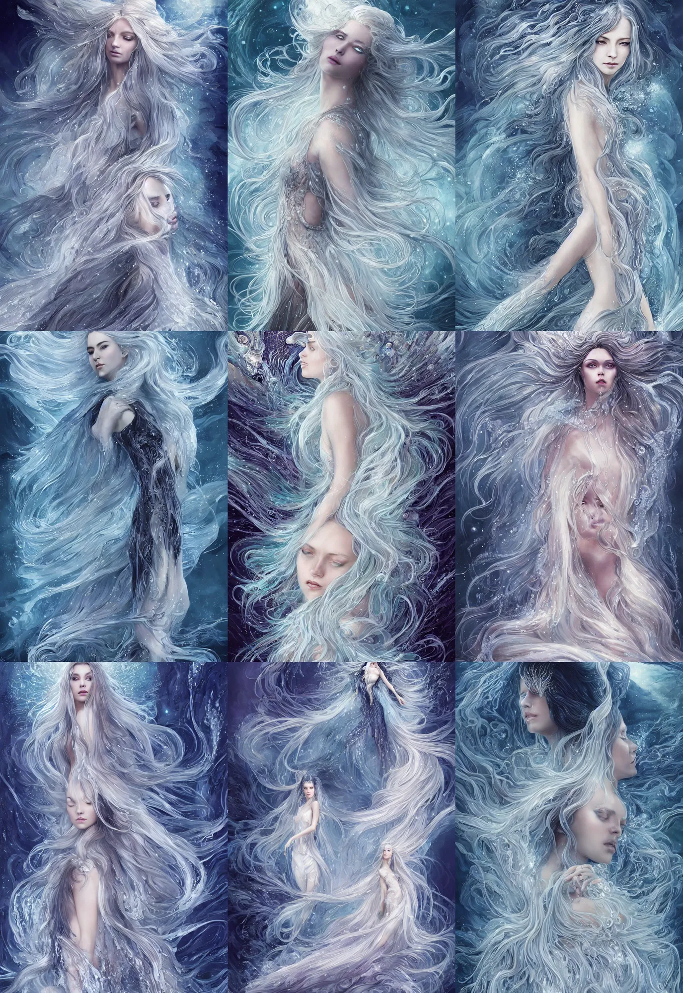 Prompt: majestic queen made of ice crystals flowing long hair like a waterfall rising from the water, full body and face, sophisticated, fractals background, horizontal symmetry, epic light, intricate details, extremely detailed, artstation, art by charlie bowater, kay nielsen and wadim kashin, zeen chin and terada katsuya