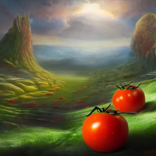 Image similar to a beautiful matte painting of a very beautiful tomato in a fantasy landscape, by steve argyle and mark arian