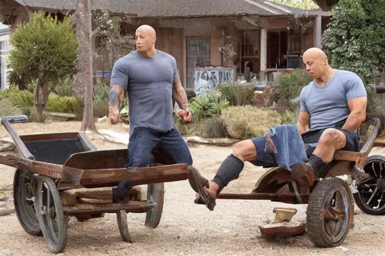 Image similar to Vin Diesel driving a wheelbarrow