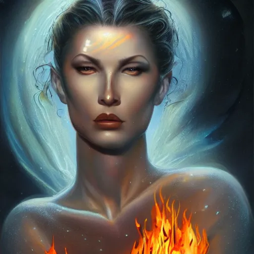 Image similar to A stunning portrait of a flame goddess by Jim Burns, fantasy, Trending on artstation.