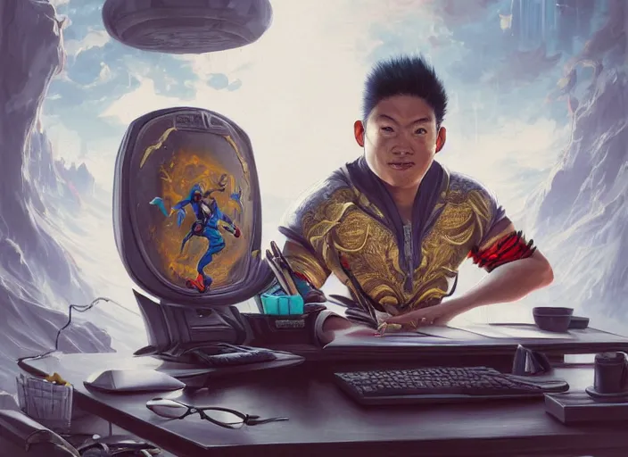 Image similar to an insanely detailed painting of an asian man wearing a homemade superhero costume, sitting at a desk, staring seriously at the computer and typing, in the style of peter mohrbacher, james jean, artgerm, dramatic lighting and composition, surreal background, octane render, pixar, trending on artstation, concept art, comic book, view from behind, 8 k