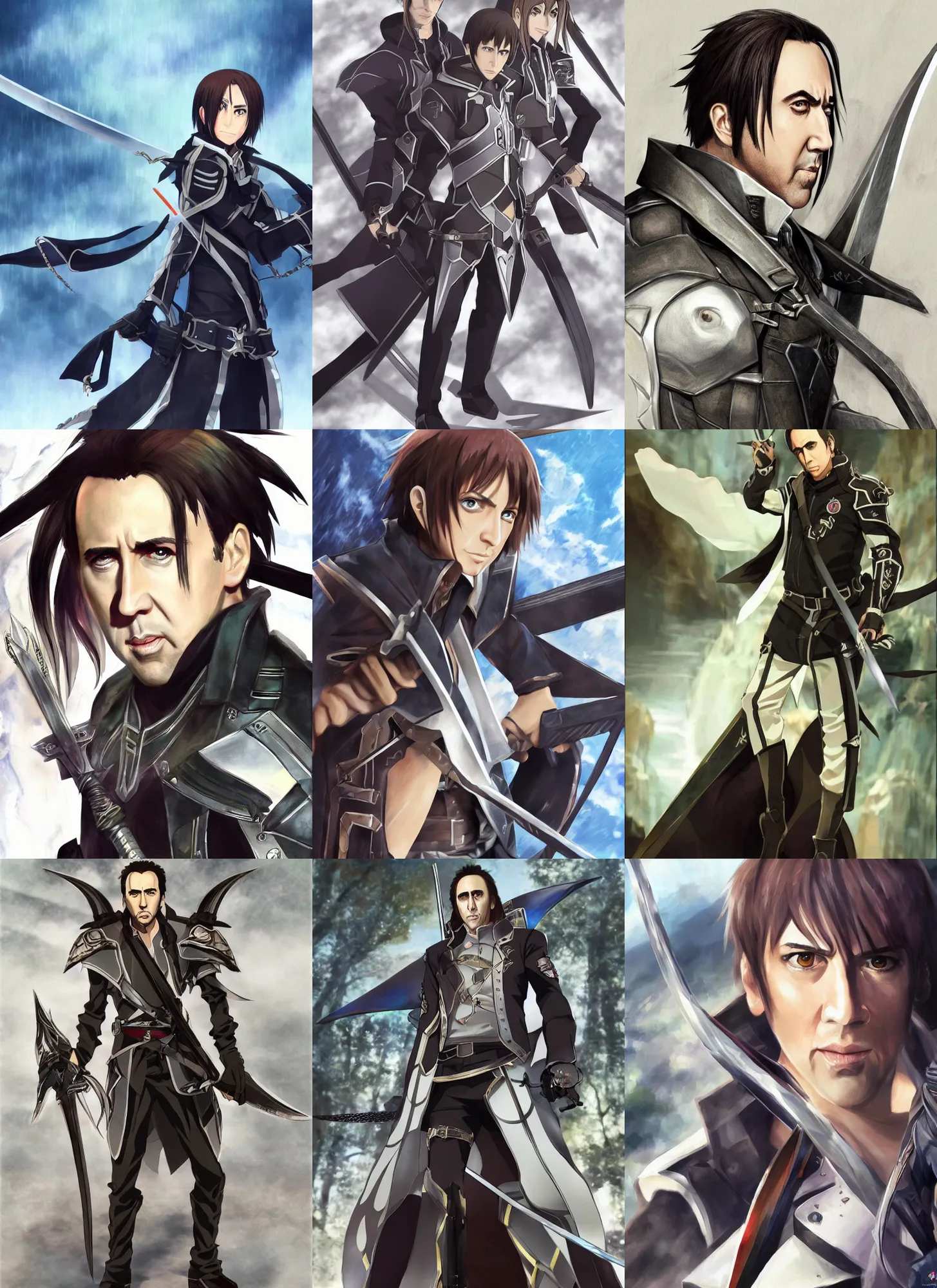 Prompt: nicholas cage in a scene from sword art online, anime, concept art, detailed clothing, art station