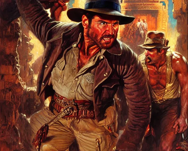 Image similar to indiana jones and the temple of doom, theatrical, hyperdetailed, painting by gaston bussiere, craig mullins, j. c. leyendecker, tom of finland