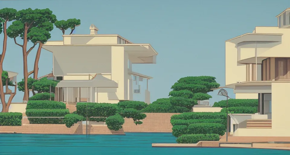 Image similar to modern villa, italian seaside, hiroshi nagai