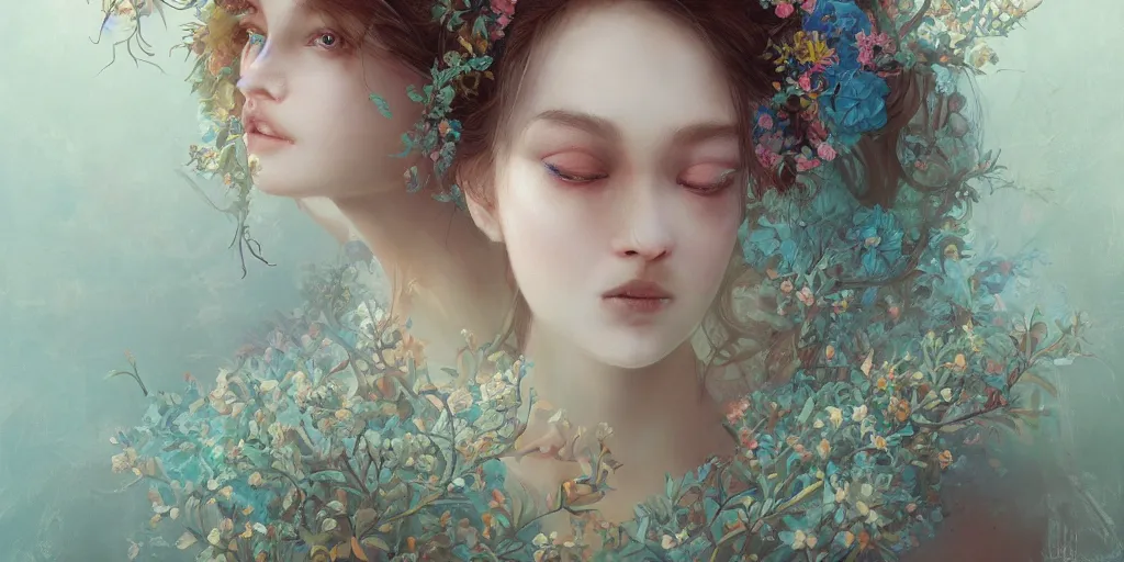 Image similar to breathtaking detailed concept art painting portrait of the hugs goddess of light blue flowers, carroty hair, orthodox saint, with anxious piercing eyes, ornate background, amalgamation of leaves and flowers, by hsiao - ron cheng, extremely moody lighting, 8 k