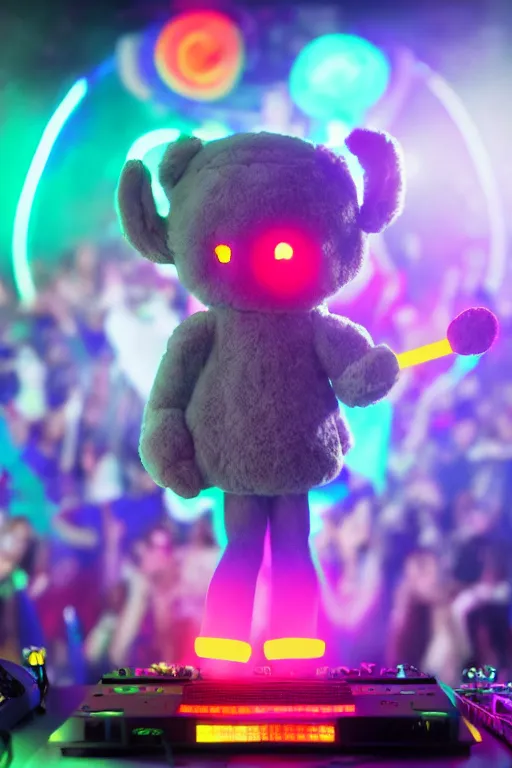 Image similar to stuffed animal DJ at a rave, glowsticks, dramatic lighting, cinematic, establishing shot, extremely high detail, foto realistic, cinematic lighting, post processed, concept art, high details, cinematic, 8k resolution, beautiful detailed, photorealistic, digital painting, artstation, concept art, smooth, sharp focus, artstation trending, octane render, unreal engine