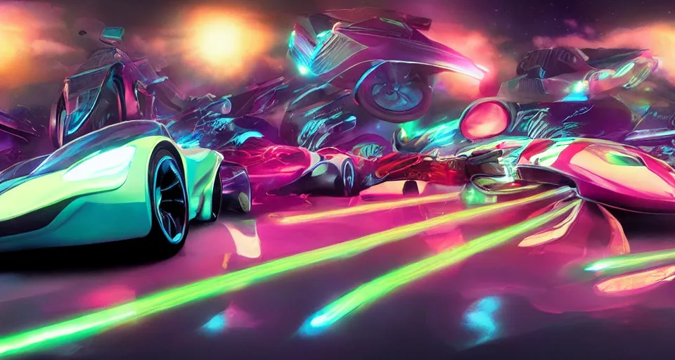 Image similar to dream tron tesla light cycle race, hot wheels, wipe out, hyper realistic, concept art, smooth, high contrast, volumetric lighting, octane, raytrace, syd mead, artgerm, jim lee,