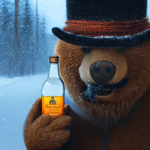 Image similar to close-up portrait of smiling brown bear holding bottle of vodka and in hat in winter at streets of Moscow, sharp focus, fantasy style, octane render, volumetric lighting, 8k high definition, by greg rutkowski, highly detailed, trending on art Station