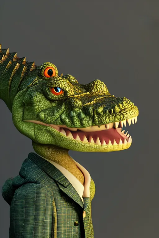 Prompt: a crocodile wearing a formal overcoat, isometric 3d, ultra hd, character design by Mark Ryden and Pixar and Hayao Miyazaki, unreal 5, DAZ, hyperrealistic, octane render, cosplay, RPG portrait, dynamic lighting, intricate detail, summer vibrancy, cinematic