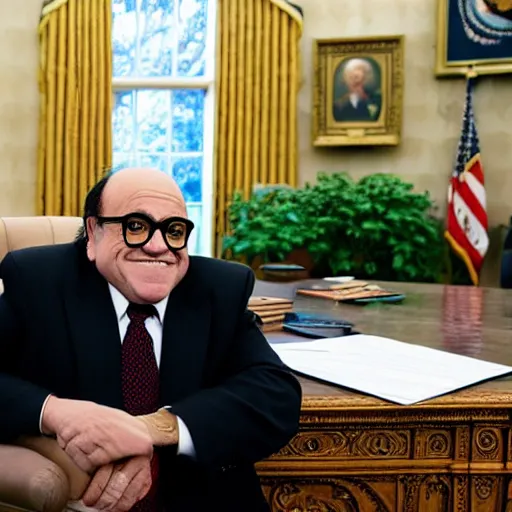 Image similar to portrait of president danny devito sitting in his chair behind the desk in the oval office