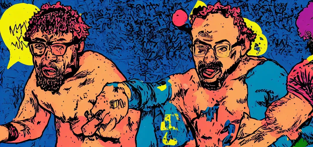 Image similar to Sam Hyde sparring with Joe Rogan, Mike Judge art style, 90's mtv illustration, clean illustration with thick lines, vivid complementary colors