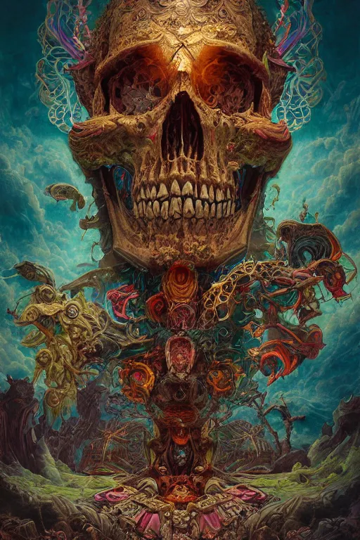 Image similar to gigantic skull psychedelic demonic cosmic of death and hell fire, fantasy painting, ultra realistic, wide angle, art nouveau, intricate details, rainbowshift, vivid colors, highly detailed by peter mohrbacher, h. r. giger, maxfield parrish, gustave dore, craig mullins, octane render, cgi