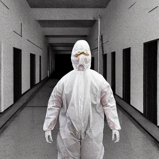 Image similar to news reporter in a hazmat suit 1 9 9 0 s news found footage of an abandoned soviet downtown with a humanoid scp hidden in background, liminal space, backrooms, scp, film grain, rundown, eerie, dark lighting, 3 5 mm, realistic, photograph, hazmat suits, foggy, silent hill style, detailed, hyperrealistic